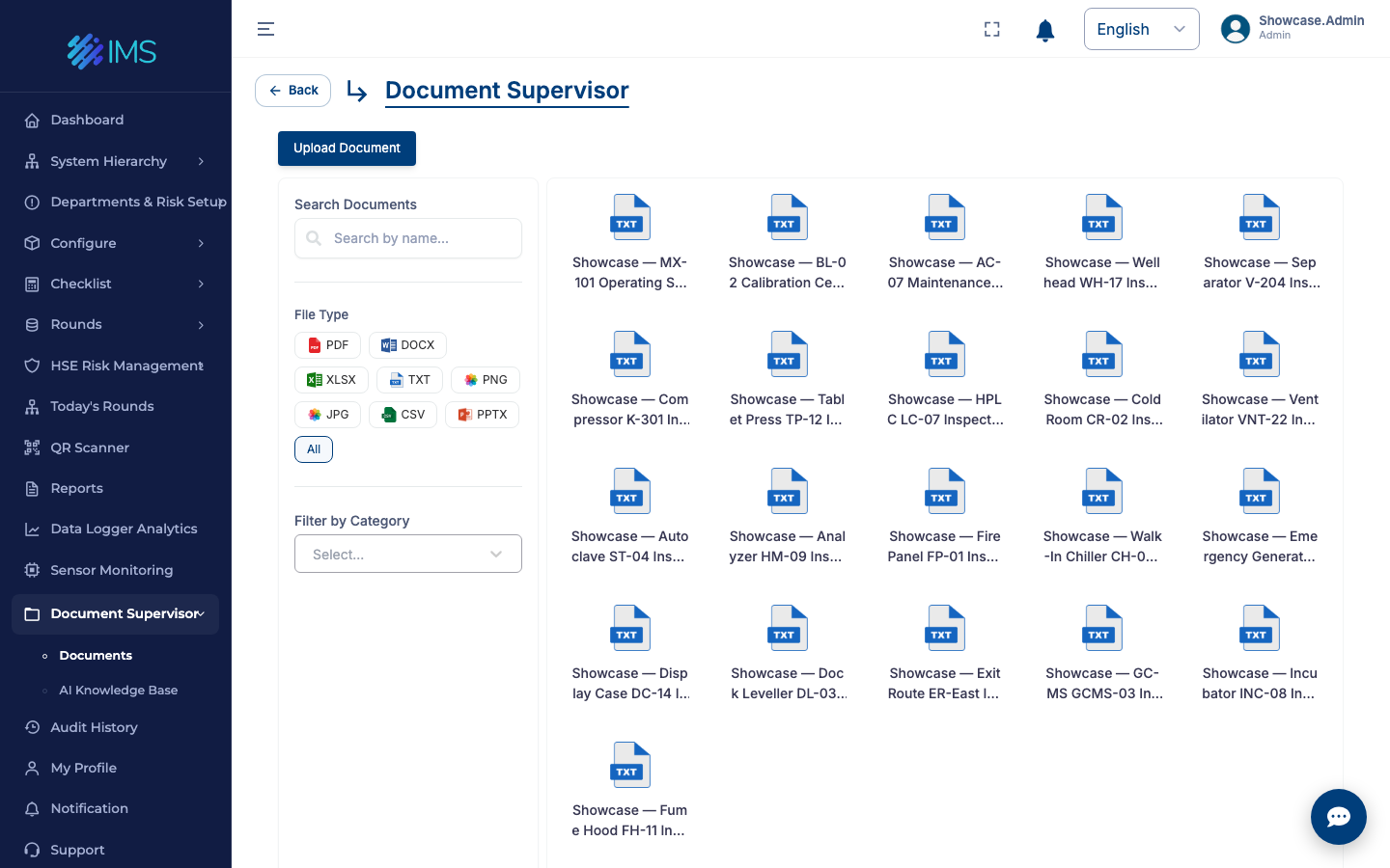 IMS document manager containing operating procedures and equipment documents across sites